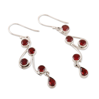 Garnet dangle earrings, 'Dancing Passion' - Natural Garnet and Scrolling Sterling Silver Dangle Earrings