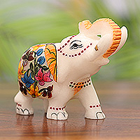 Hand-painted soapstone figurine, 'Elephant Salute' - Hand-Painted Floral Soapstone Elephant Figurine from India