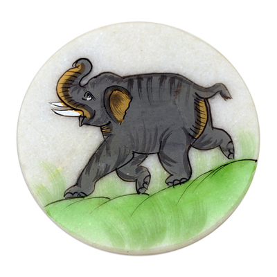 Hand-painted soapstone coasters, 'Marching Elephant' (set of 4) - Set of 4 Hand-Painted Elephant-Themed Soapstone Coasters