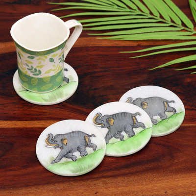 Hand-painted soapstone coasters, 'Marching Elephant' (set of 4) - Set of 4 Hand-Painted Elephant-Themed Soapstone Coasters