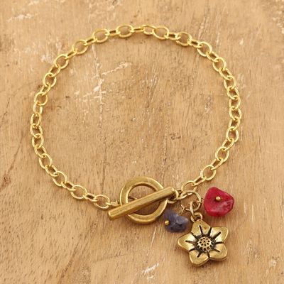 Floral Brass Charm Bracelet with Agate Chips from India - Harmony