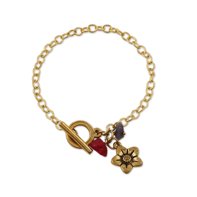 Agate charm bracelet, 'Harmony Bloom' - Floral Brass Charm Bracelet with Agate Chips from India