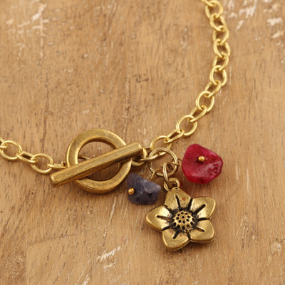 Agate charm bracelet, 'Harmony Bloom' - Floral Brass Charm Bracelet with Agate Chips from India