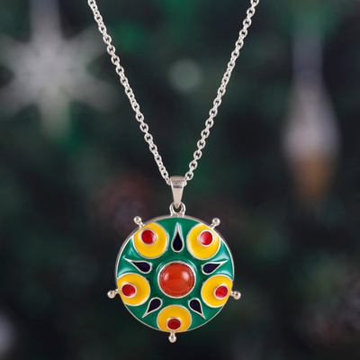 Carnelian pendant necklace, 'Celebration in Jaipur' - Painted Sterling Silver Pendant Necklace with Carnelian Gem