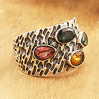 Tourmaline domed ring, 'Creative Souls' - Sterling Silver Domed Ring with Two-Carat Tourmaline Gems