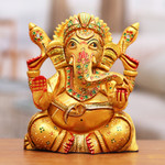 Wood sculpture, 'Ganesha in Lalitasana' - Hand-Painted Traditional Kadam Wood Sculpture of Ganesha