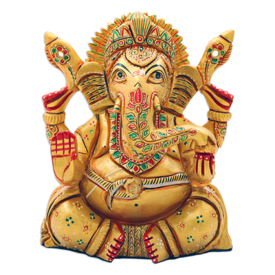 Wood sculpture, 'Ganesha in Lalitasana' - Hand-Painted Traditional Kadam Wood Sculpture of Ganesha