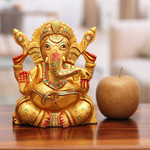 Wood sculpture, 'Ganesha in Lalitasana' - Hand-Painted Traditional Kadam Wood Sculpture of Ganesha