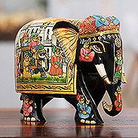 Wood sculpture, 'King's Procession' - Hand-Painted Traditional Black Elephant Sculpture from India