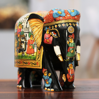 Escultura de madera - Escultura de elefante negro tradicional pintada a mano de la India