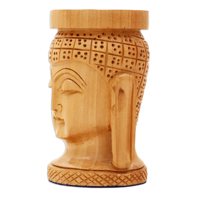 Wood pen holder, 'Buddha's Patience' - Hand-Carved Buddha-Themed Kadam Wood Pen Holder