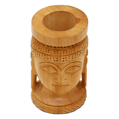 Wood pen holder, 'Buddha's Patience' - Hand-Carved Buddha-Themed Kadam Wood Pen Holder