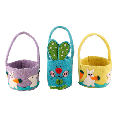 Wool felt baskets, 'Adorable Treasures' (set of 3) - Handcrafted Easter-Themed Wool Felt Baskets (Set of 3)