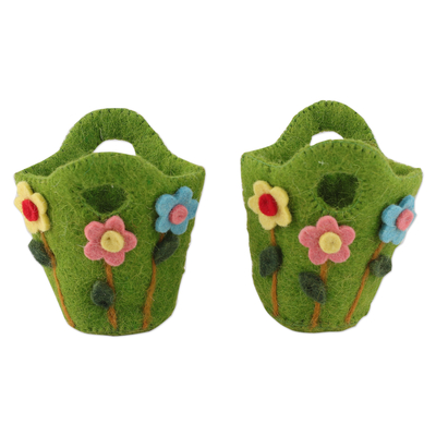 Wool felt baskets, 'Blooming Treasures' (pair) - Handcrafted Floral Green Wool Felt Baskets from India (Pair)