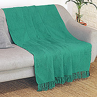 Cotton throw, 'Teal Desire' - Diamond-Patterned Cotton Throw in a Solid Teal Hue