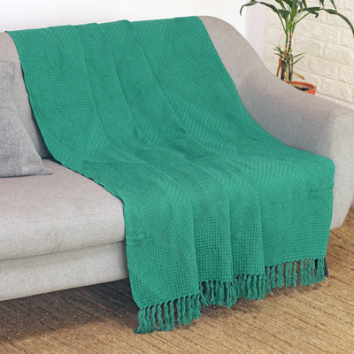 Manta de algodón - Manta de algodón con diseño de rombos en un tono verde azulado sólido