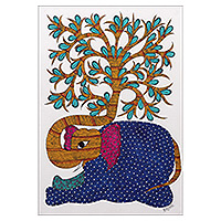 Gond painting, 'Harmony Between Nature' - Elephant-Themed Traditional Acrylic Gond Painting on Paper