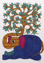Gond painting, 'Harmony Between Nature' - Elephant-Themed Traditional Acrylic Gond Painting on Paper
