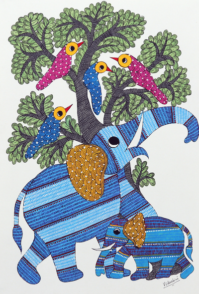 Gond painting, 'Undying Connection' - Elephant-Themed Mother and Child Acrylic Gond Painting