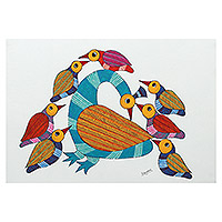 Gond painting, 'Bond of Love' - Chicken-Themed Mother and Child Acrylic Gond Painting