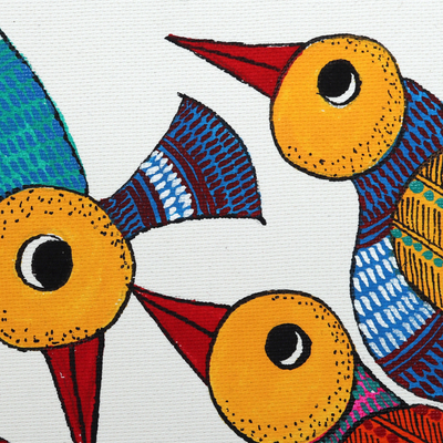 Gond painting, 'Bond of Love' - Chicken-Themed Mother and Child Acrylic Gond Painting