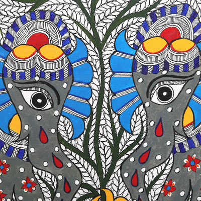 Madhubani-Gemälde - Elefanten-Acryl auf handgeschöpftem Papier, Madhubani-Gemälde