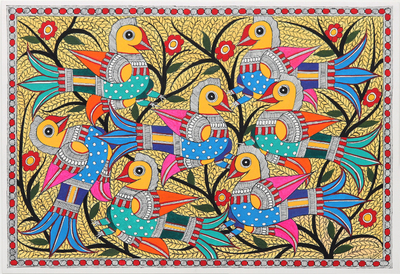 Madhubani-Gemälde - Vogel-Themen-Acryl auf handgeschöpftem Papier Madhubani-Gemälde