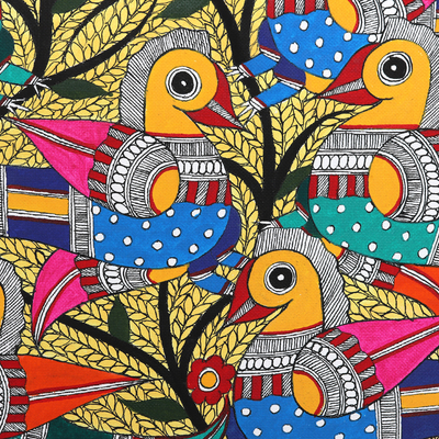 pintura madhubani - Acrílico con temática de aves sobre papel hecho a mano Madhubani Painting