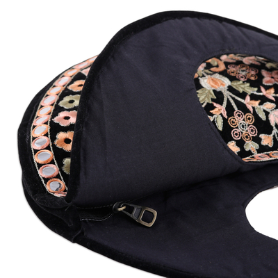 Embroidered faux velvet handbag, 'Jaipur Paradise' - Floral Embroidered Black Faux Velvet Handbag in Bright Hues