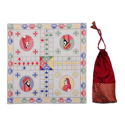 Embroidered cotton Ludo game, 'Game of Royals' - Traditional Embroidered Ecru Cotton Ludo Game from India