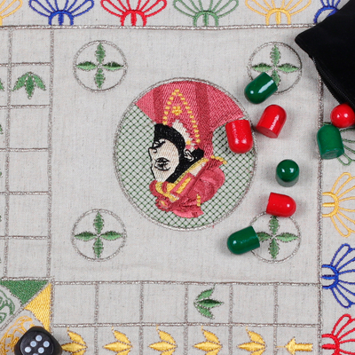 Embroidered cotton Ludo game, 'Game of Royals' - Traditional Embroidered Ecru Cotton Ludo Game from India
