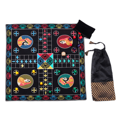 Embroidered cotton Ludo game, 'Game of Royals at Night' - Traditional Embroidered Black Cotton Ludo Game from India