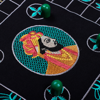 Embroidered cotton Ludo game, 'Game of Royals at Night' - Traditional Embroidered Black Cotton Ludo Game from India