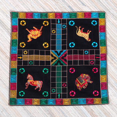 Embroidered cotton Ludo game, 'Game of Realms at Night' - Animal-Themed Embroidered Black Cotton Ludo Game from India