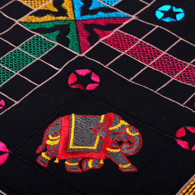 Embroidered cotton Ludo game, 'Game of Realms at Night' - Animal-Themed Embroidered Black Cotton Ludo Game from India