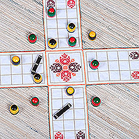Embroidered cotton chopad game, 'India's Morning Challenge' - Embroidered White Cotton Chopad Game with Classic Details