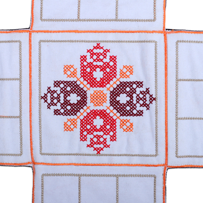 Embroidered cotton chopad game, 'India's Morning Challenge' - Embroidered White Cotton Chopad Game with Classic Details