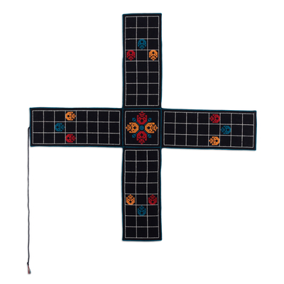 Embroidered cotton chopad game, 'India's Night Challenge' - Embroidered Black Cotton Chopad Game with Classic Details