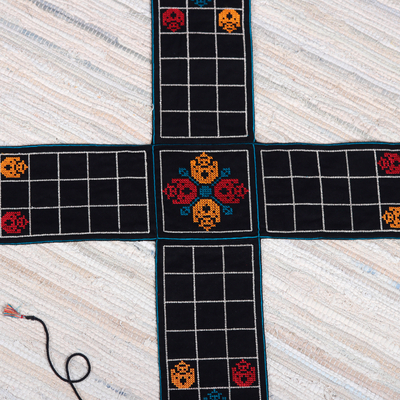 Embroidered cotton chopad game, 'India's Night Challenge' - Embroidered Black Cotton Chopad Game with Classic Details