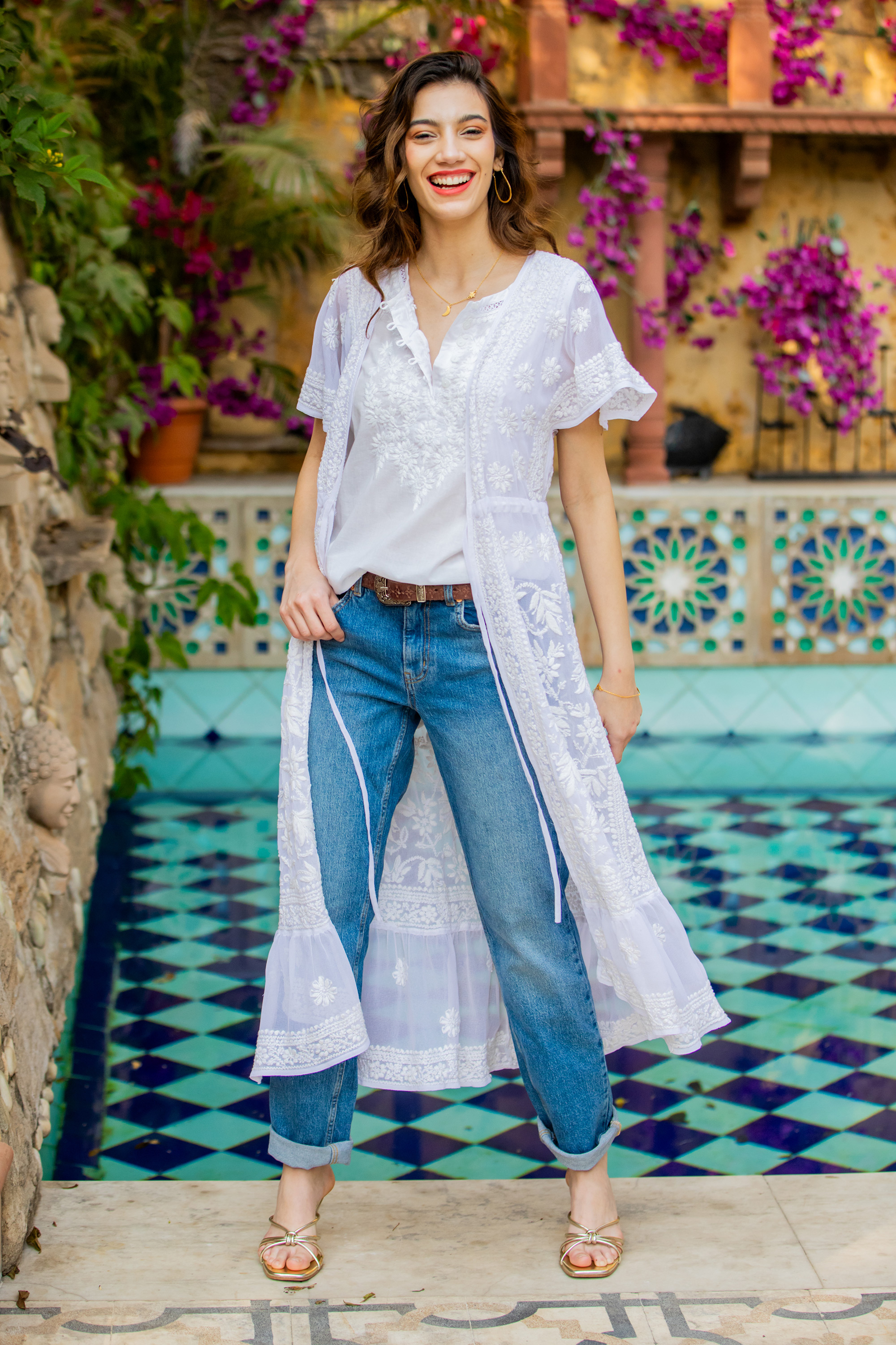 Cotton Embroidered Sheer Vest with Floral and Leafy Motifs