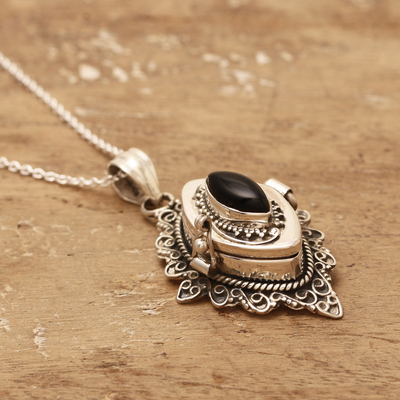 Onyx locket pendant necklace, 'Mystic Memories' - Classic Locket Pendant Necklace with Onyx Jewel from India