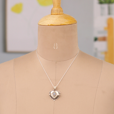 Rainbow moonstone locket pendant necklace, 'Harmonious Passion' - Heart Locket Pendant Necklace with Natural Rainbow Moonstone