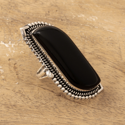 Onyx cocktail ring, 'Magnificent Midnight' - Modern Sterling Silver Cocktail Ring with Onyx Cabochon