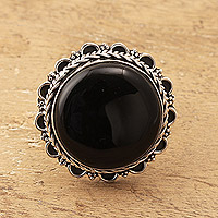 Onyx cocktail ring, 'Protector Glow' - Floral Sterling Silver Cocktail Ring with Onyx Cabochon