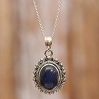 Collar colgante de lapislázuli, 'Joya real' - Collar colgante con temática solar con piedra lapislázuli ovalada