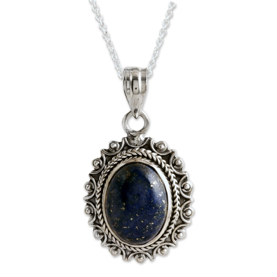 Lapis lazuli pendant necklace, 'Royal Jewel' - Sun-Themed Pendant Necklace with Oval Lapis Lazuli Stone