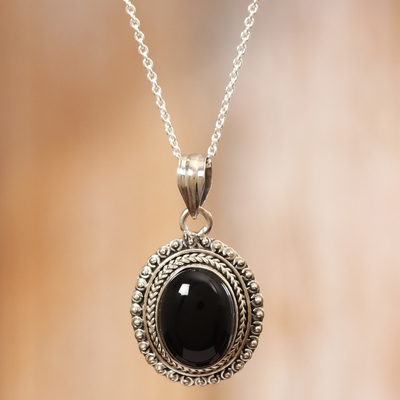 Onyx pendant necklace, 'Protective Allure' - Onyx Cabochon and Sterling Silver Pendant Necklace