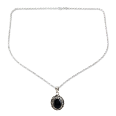 Onyx pendant necklace, 'Protective Allure' - Onyx Cabochon and Sterling Silver Pendant Necklace
