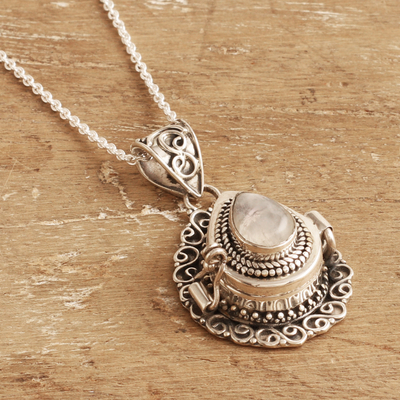Rainbow moonstone locket pendant necklace, 'Harmonious Blessing' - Sterling Silver Pendant Necklace with Rainbow Moonstone