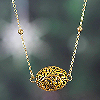Brass pendant necklace, 'Shining Jali Vines' - Brass Vine Pendant Necklace with Jali Openwork Accents